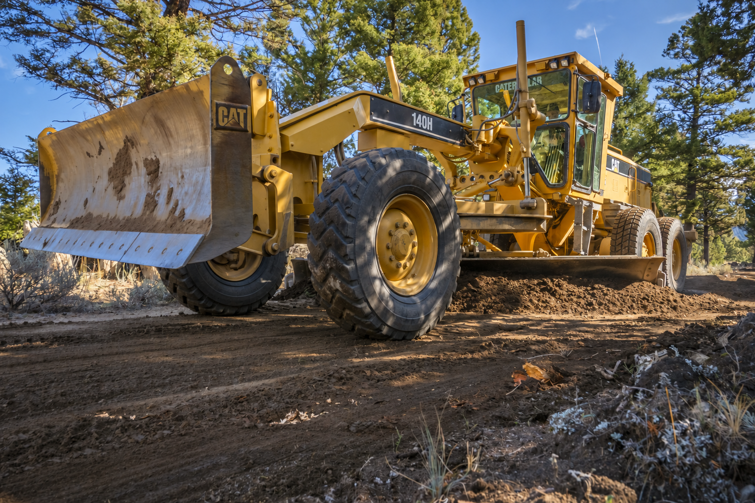 Caterpillar motor grader leveling a gravel road through forest